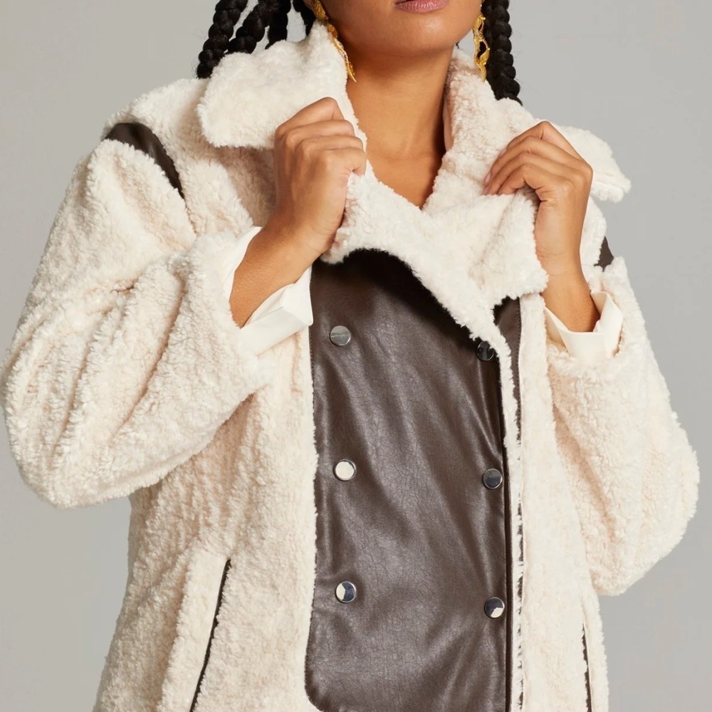 Xolani Faux Leather Patch Sherpa Coat - Picture 9 of 10